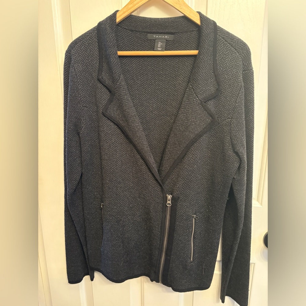 Tahari Sweater jacket. Black and grey herringbone size L